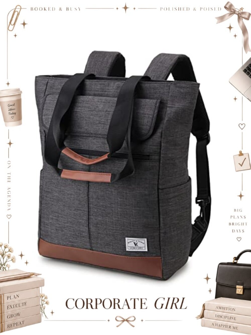 Water Resistant Convertible Laptop Backpack Tote Crossbody Fits 15.6 Inch